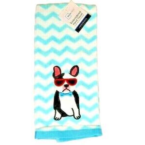 French Bulldog Hand Towel Embroidered White Blue Chevron Dog Bath Kitchen NEW